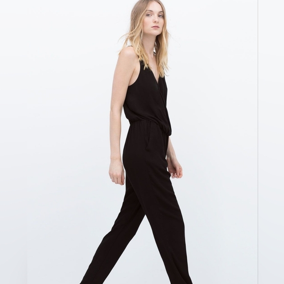 ZARA Black Tank jumpsuit Faux Wrap Pockets Lightweight M Minimalist Quiet Luxury - Picture 4 of 16